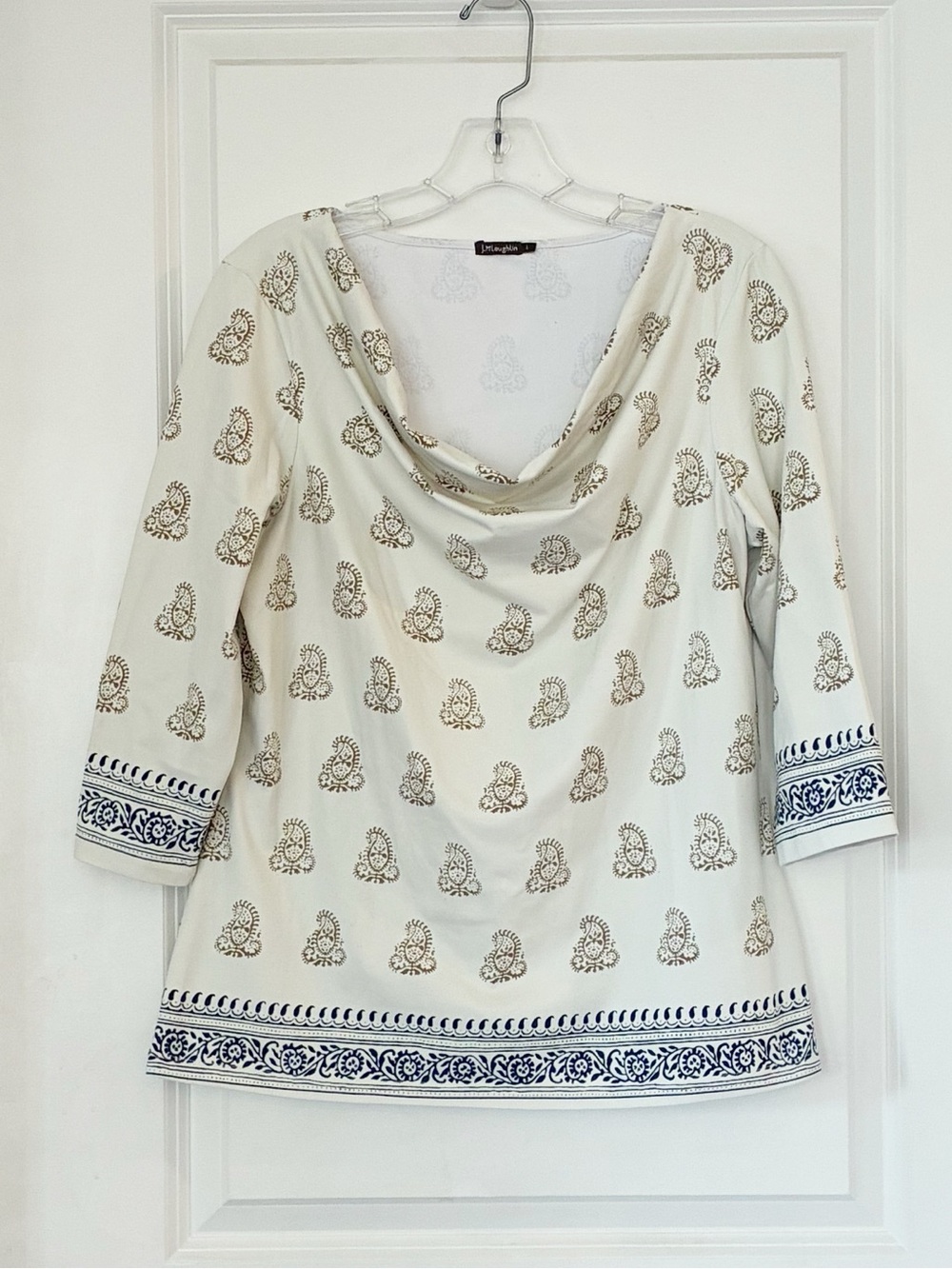 J. McLaughlin Printed Drape Neck Top Ivory Blue 3/4 Sleeve. Size Large - Picture 6 of 12